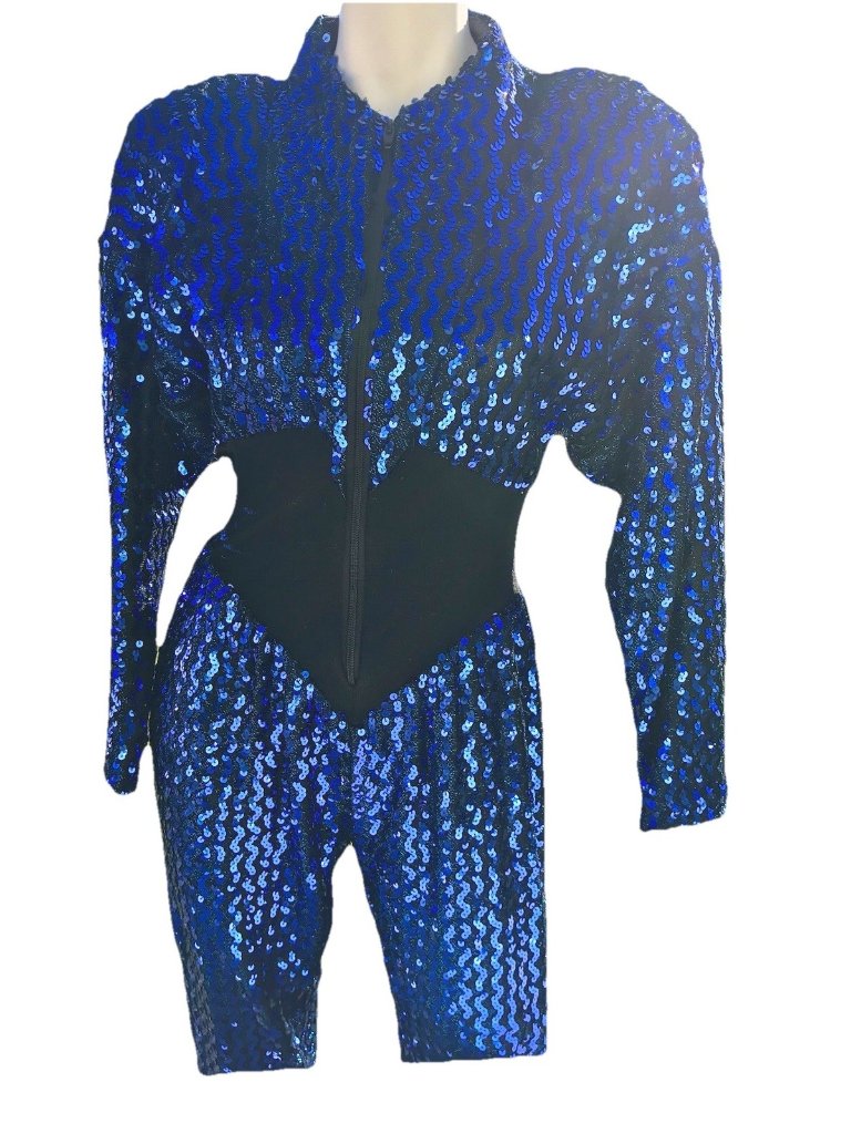 Vtg 80s Climax David Howard Royal Blue Blck Sequin Jumpsuit Cocktail Disco 5/6 M